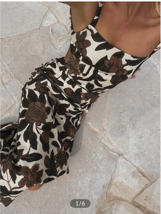 Commense Dresses & Skirts - Commense Brown Floral Square-Neck Midi Dress on Cream NWT